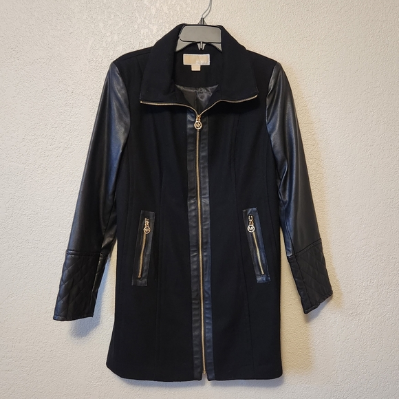 Michael Kors Women's Black Wool and Faux Leather Coat, Size: 8 - Picture 2 of 10